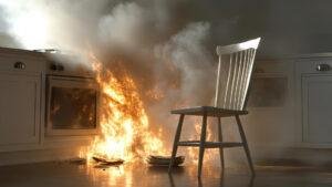 Partially charred room with smoke damage still visible